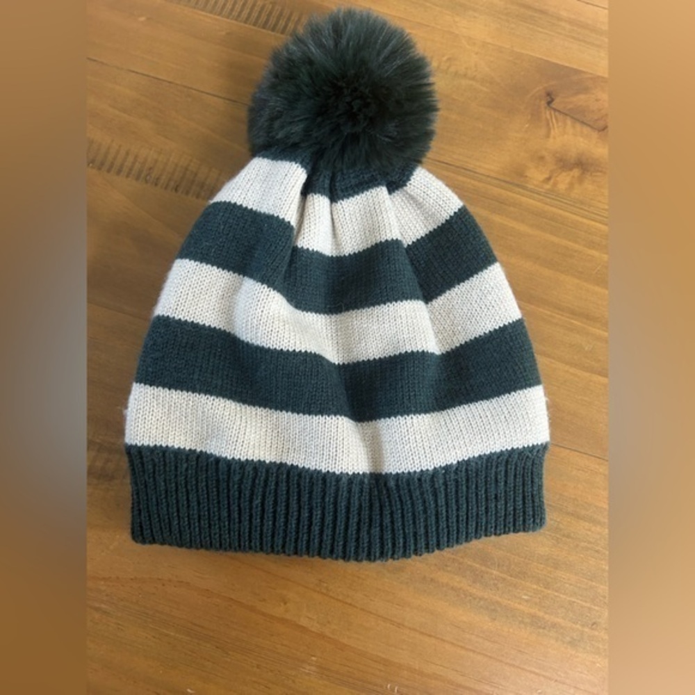 NWT Aerie Striped Green and Cream Pom-Pom Beanie